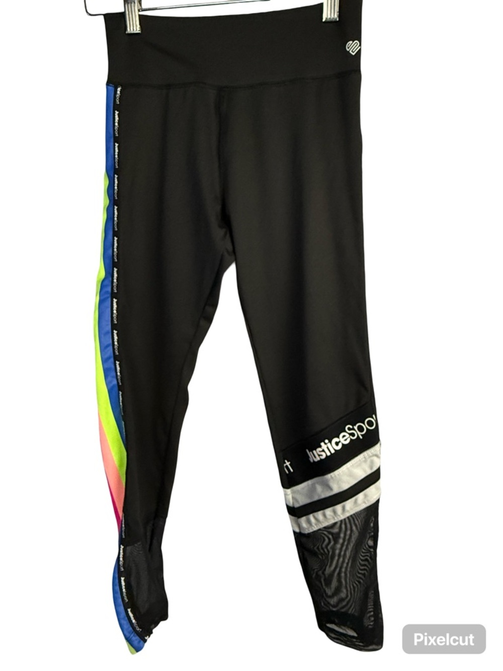 Girls Justice Black Leggings with Neon Rainbow Side Stripe and Silver Accents